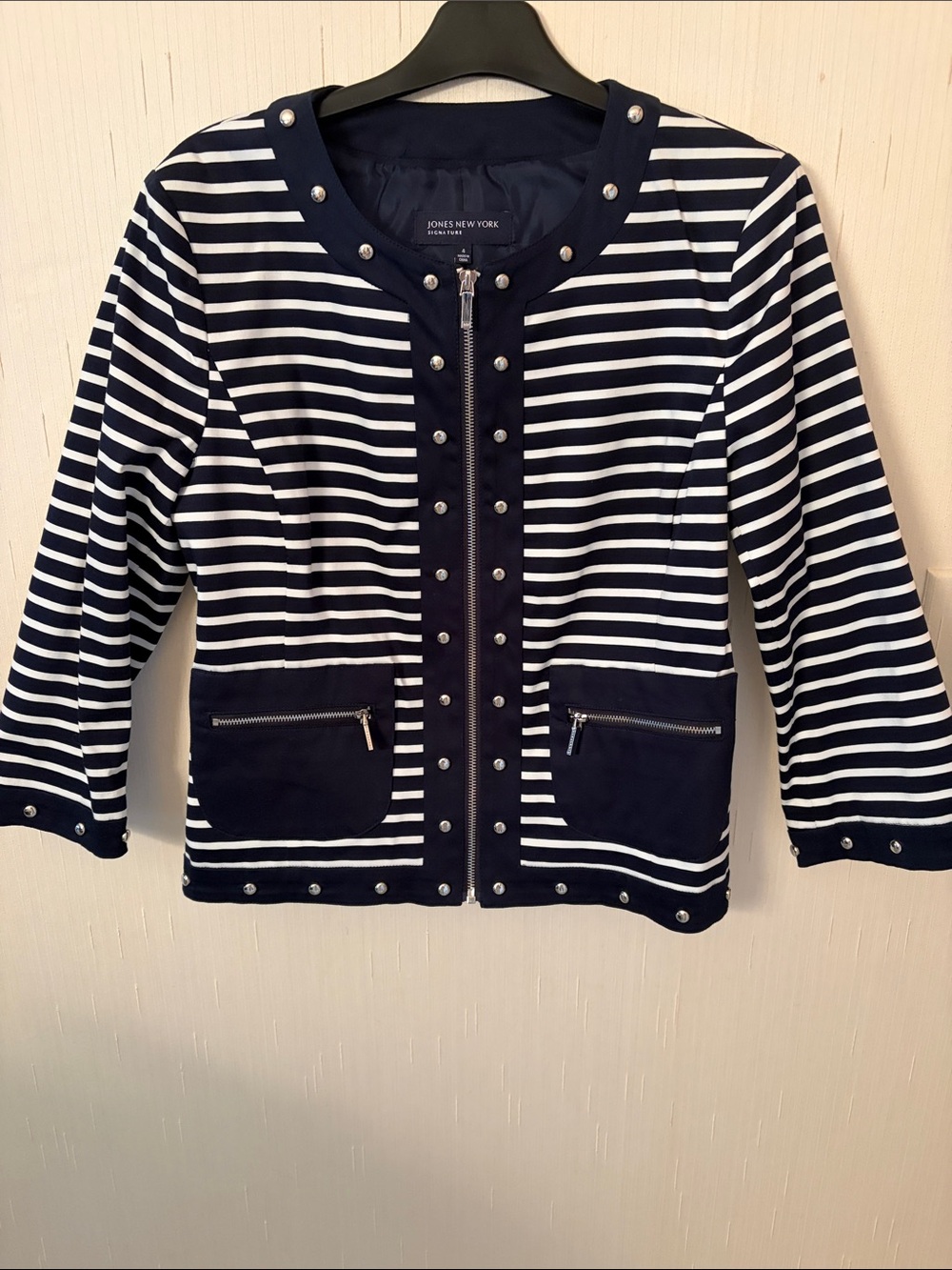 Jones New York Navy & White Striped Stud-Trim Zip Jacket